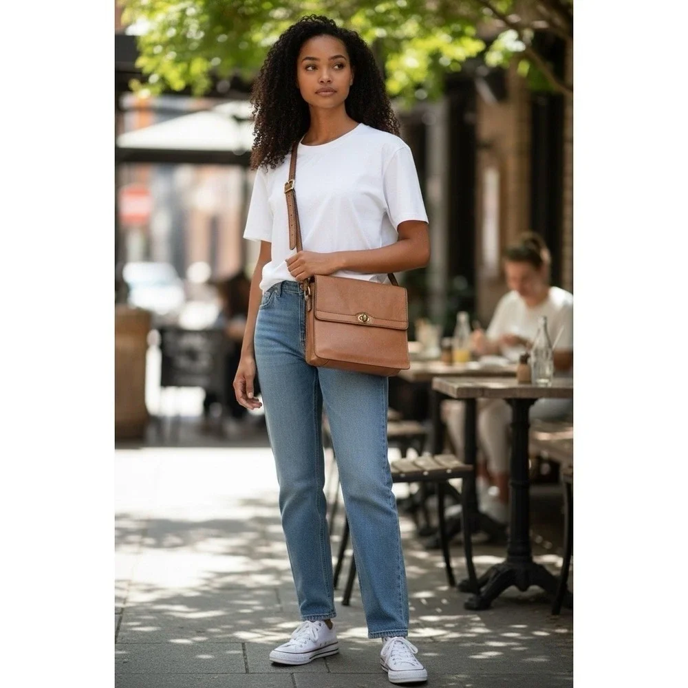 Vintage Tan Leather Crossbody Bag Turn Lock Flap Messenger Bag Brown